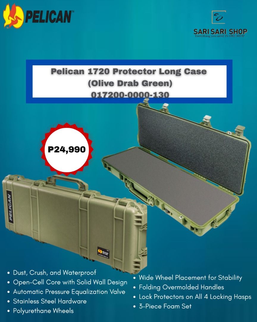 Pelican 1720 Protector Long Case (Olive Drab Green) (Category: Camera Bags & Carriers) located in Manila. Submitted by franzgemzmerchandize1301 (Listing ID 1436343332, Image 1). Description: Pelican 1720 Protector Long Case in Olive Drab Green. Features dust, crush, and waterproof protection. Includes an open-cell core with a solid wall design, an automatic pressure equalization valve, stainless steel hardware, and polyurethane wheels. It also ha