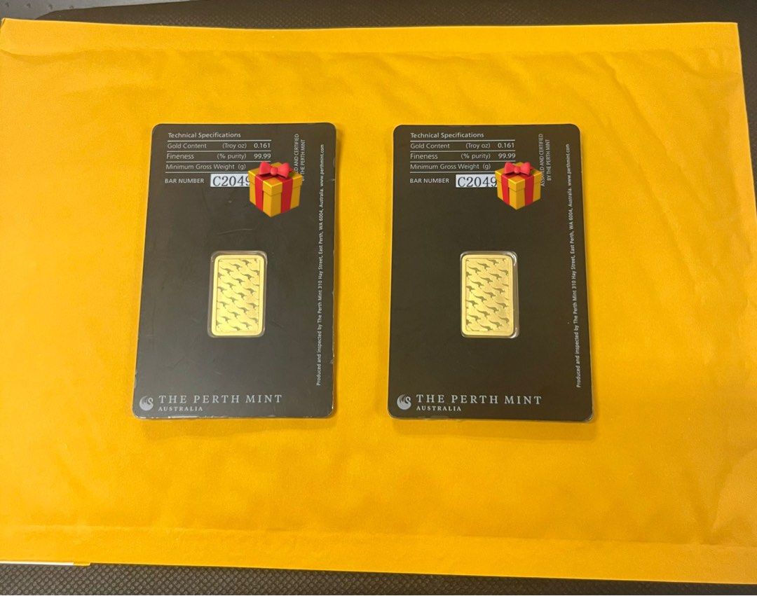 Perth Mint Gold Bar 5g (Category: Currency) located in Singapore. Submitted by sgclearance26 (Listing ID 1436318321, Image 2). Description: - Two Perth Mint gold bars - 5g / bar - buy 5g $1,310, 10g (5gx2 nos=10g) $2,600 - 99.99% pure gold - Original tamper-evident packaging - Serial number: ✅ - Ideal for collectors and investors.