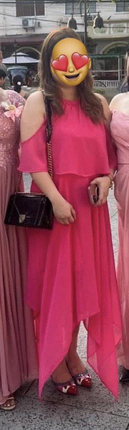 Pink Gown (Category: Dresses) located in Quezon City. Submitted by fly29 (Listing ID 1436448296, Image 2). Description: - pink dress - Off-shoulder design - Asymmetrical hemline - Halter neckline - Layered bodice - Size: M/M but could fit large - Made in Vietnam - Ideal for special occasions and formal events.