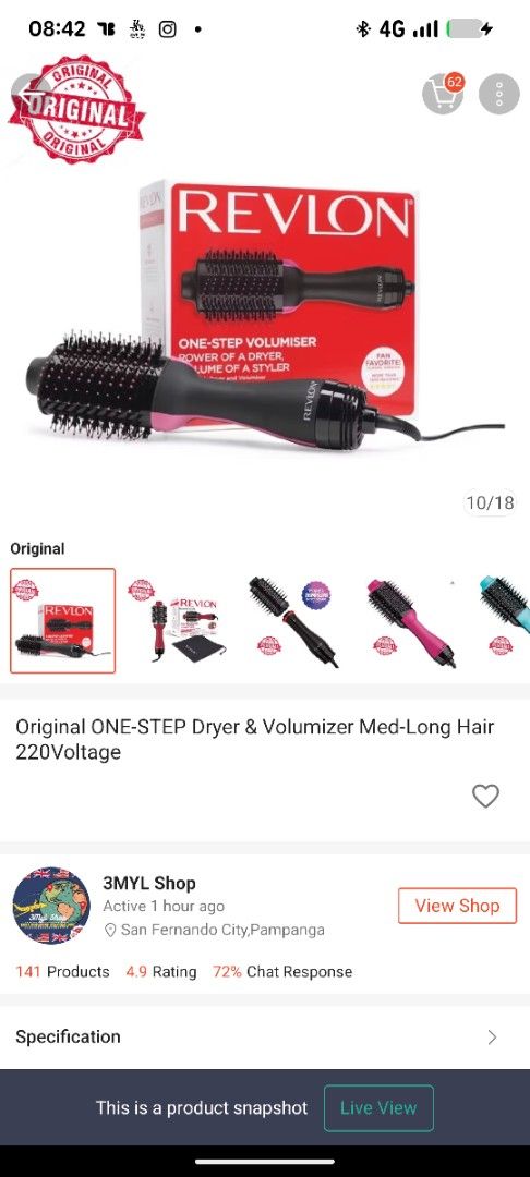 Revlon One-Step Volumizer Hair Dryer (Category: Hair) located in Carmona. Submitted by legitsteals (Listing ID 1436406039, Image 1). Description: - Revlon One-Step Volumizer Hair Dryer - Designed for medium to long hair - 220 Voltage - Dries and volumizes hair - Versatile styling tool - Brand new, in original packaging.