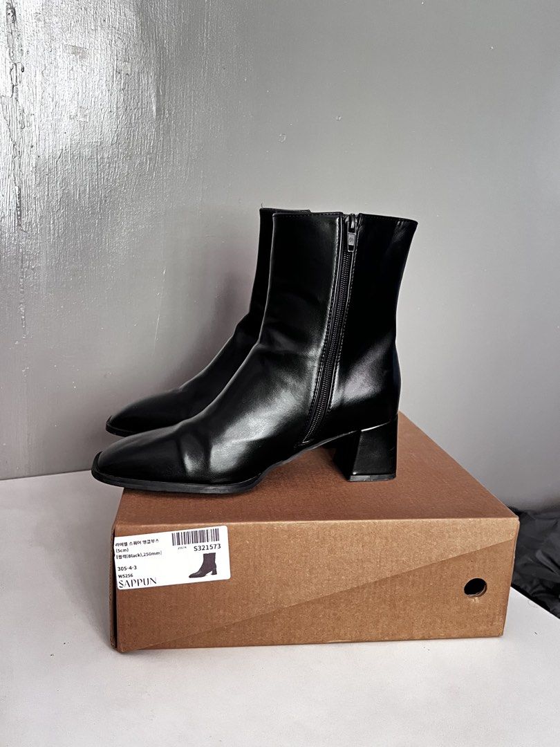RUSH Sappun Square Toe Ankle Boots (Category: Boots) located in Taytay. Submitted by zdeclut (Listing ID 1436377528, Image 1). Description: - Sappun ankle boots - bought from Korea - condition 9/10 - lightweight to use for daily walks - Black color - Square toe design - Block heel - Side zipper for easy wear - Size: 250mm .