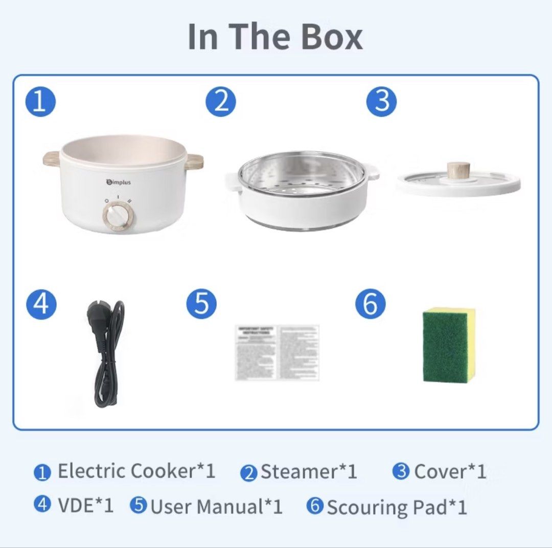 Simplus Electric Cooker with Steamer (Category: Cookers) located in Kuala Lumpur. Submitted by shashazuzu (Listing ID 1436400580, Image 2). Description: - Simplus 1.5L Electric Cooker - 630W Power - Includes: Steamer, Cover, VDE Cable, User Manual, Scouring Pad - Ceramic Glaze Coating - Dimensions: 25.2cm (L) x 21.3cm (W) x 22.4cm (H) NEVER USE. STILL IN BOX. Prefer pickup.