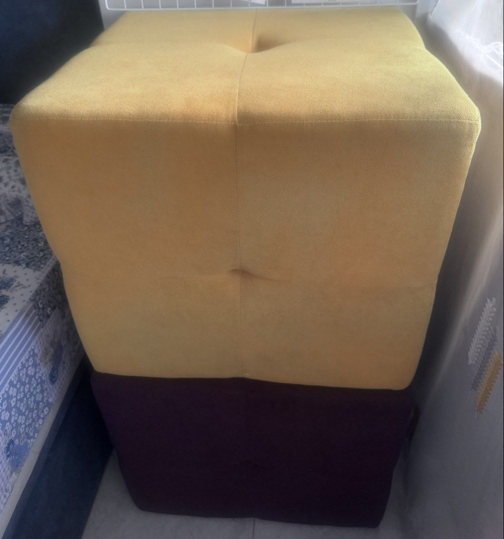 Square bench/table (Category: Sofas) located in Singapore. Submitted by eva616 (Listing ID 1436289130, Image 1). Description: Good Confition Self collect at tampines blk 347 Size Square 55cm X 55 cm Both purple and yellow for $40 (2 pcs).