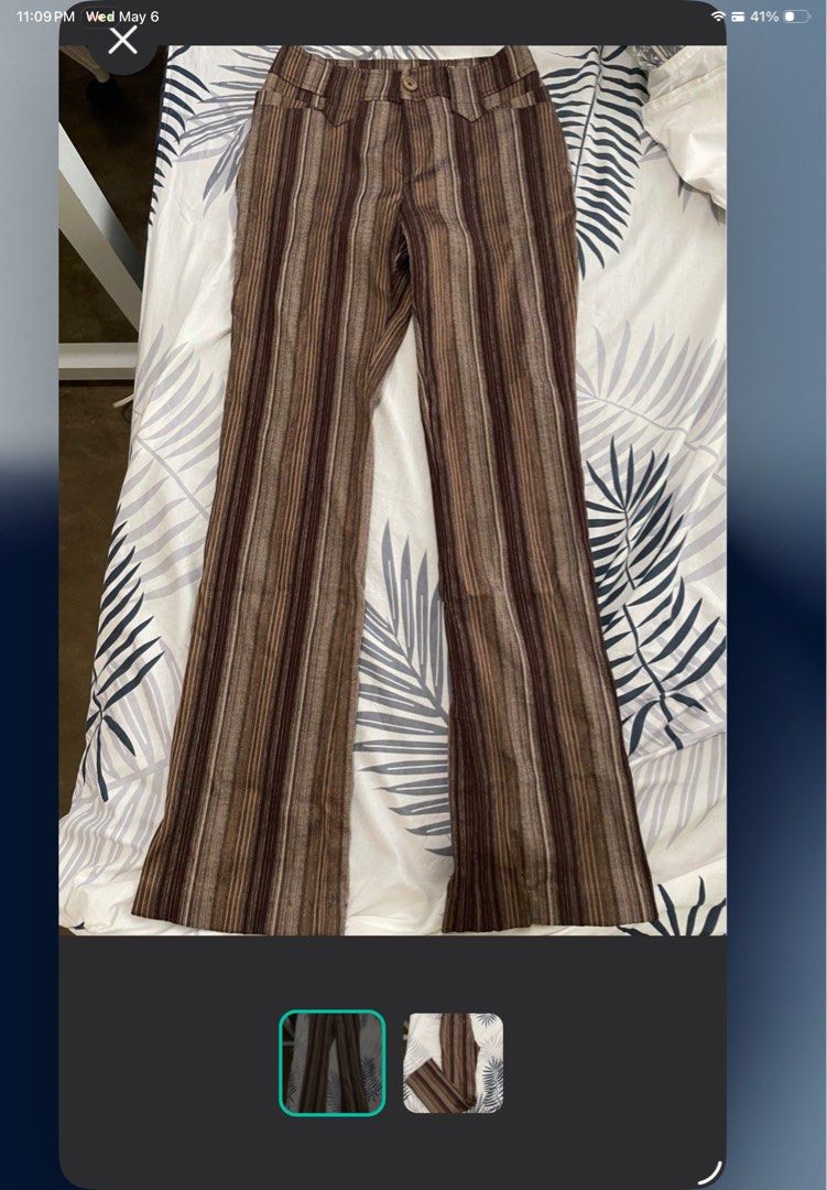 Striped Flare Pants Retro Styled Pants (Category: Other Bottoms) located in Quezon City. Submitted by julsdeclutter (Listing ID 1436447793, Image 3). Description: - Brown striped flare pants - Classic five-pocket design - Button and zipper closure - Textured fabric - Flared leg opening - Perfect for a retro look Stylish pants for sale! Size S to M.