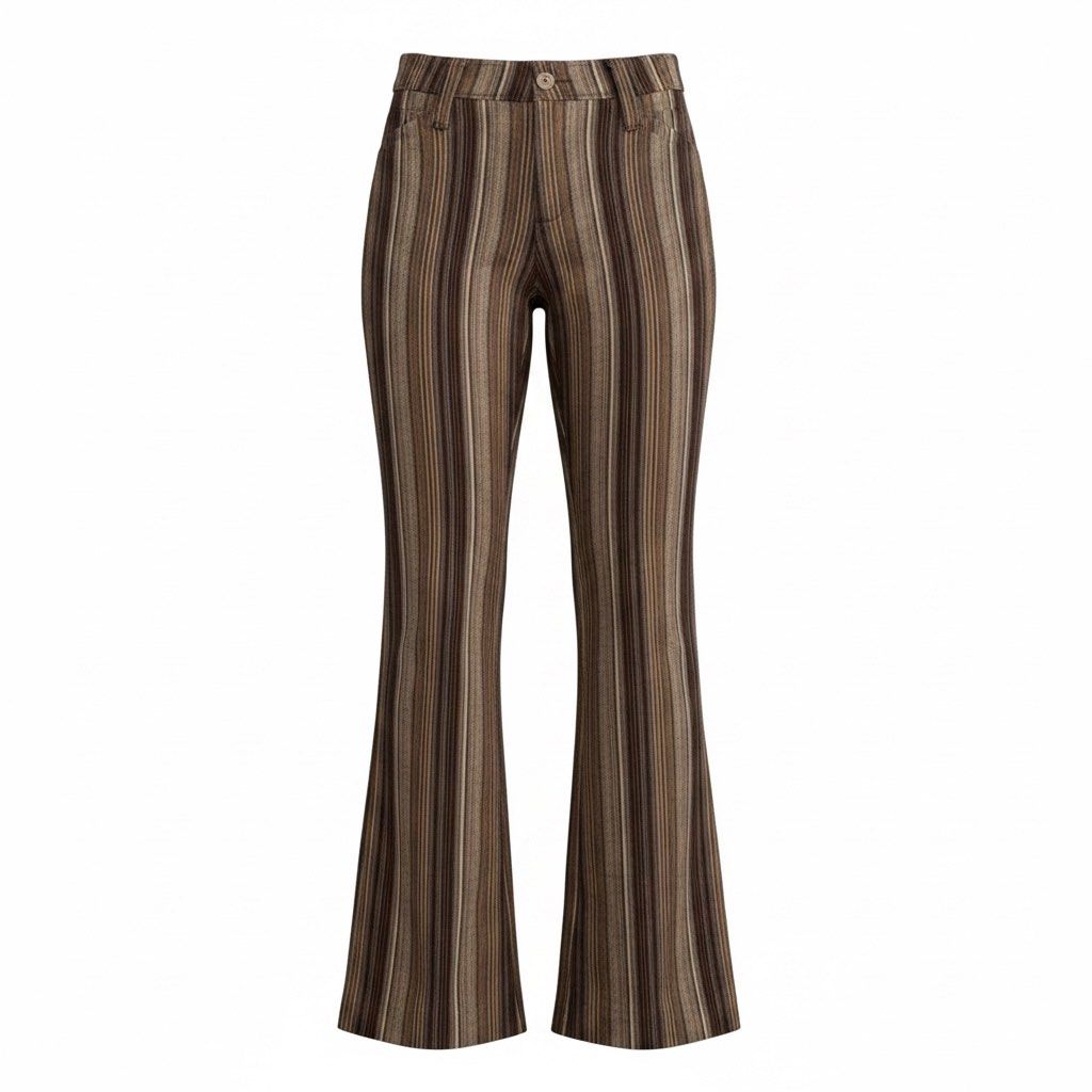 Striped Flare Pants Retro Styled Pants (Category: Other Bottoms) located in Quezon City. Submitted by julsdeclutter (Listing ID 1436447793, Image 1). Description: - Brown striped flare pants - Classic five-pocket design - Button and zipper closure - Textured fabric - Flared leg opening - Perfect for a retro look Stylish pants for sale! Size S to M.