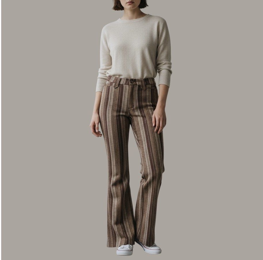Striped Flare Pants Retro Styled Pants (Category: Other Bottoms) located in Quezon City. Submitted by julsdeclutter (Listing ID 1436447793, Image 2). Description: - Brown striped flare pants - Classic five-pocket design - Button and zipper closure - Textured fabric - Flared leg opening - Perfect for a retro look Stylish pants for sale! Size S to M.