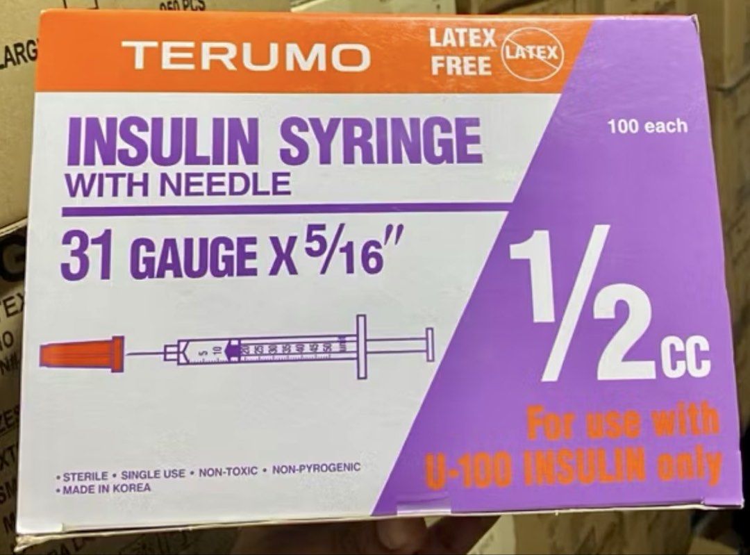 Terumo Insulin Syringe with Needle 31 Gauge (Category: Everything Else Others) located in Manila. Submitted by shaingb (Listing ID 1436340821, Image 1). Description: - Terumo Insulin Syringes - 31 gauge x 5/16" needle - 1/2 cc capacity - 100 syringes per box - For use with U-100 insulin only - Sterile, single-use - Non-toxic and non-pyrogenic - Latex-free - Made in Korea.