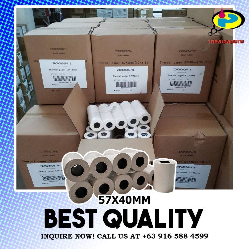 Thermal POS Receipt Paper 57mm & 80mm (Category: Printers, Scanners & Copiers) located in Manila. Submitted by idealpapers (Listing ID 1436372221, Image 2). Description: Please contact us for the latest prices. available size : Thermal paper 57*30mm [100-200] with core & coreless Thermal paper 57*40mm [100] with core & coreless Thermal paper 57*50mm [100] with core & coreless Thermal paper 80*50mm with core[100] Thermal paper 80*70mm with core[10