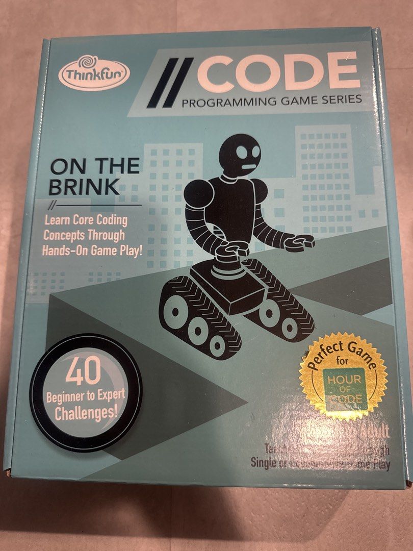 ThinkFun Code: On The Brink Programming Game (Category: Educational & Learning Toys) located in Singapore. Submitted by moving9 (Listing ID 1436337156, Image 1). Description: - ThinkFun Code: On The Brink game. - Learn core coding concepts through play. - Includes challenge booklet with 40 challenges (beginner to expert). - Suitable for ages 8 to adult..