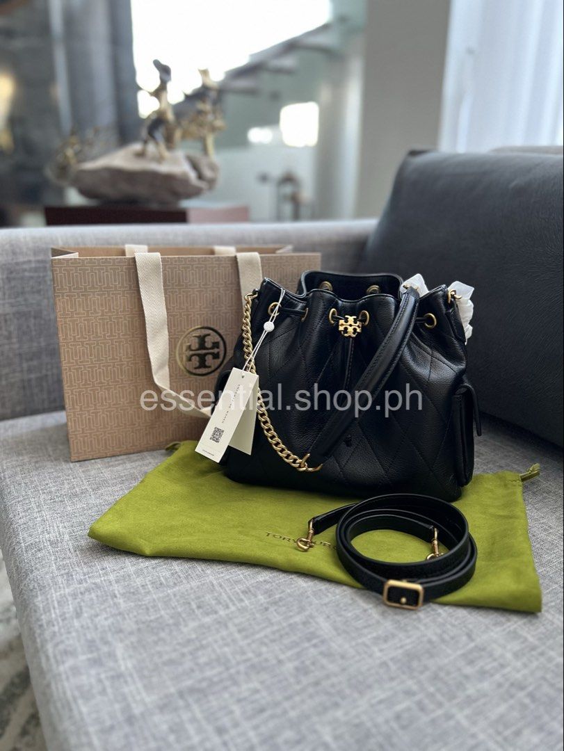 Tory Burch Charlie Quilted Drawstring Shoulder Bag Black (Category: Luxury Bags & Wallets) located in Manila. Submitted by essential.shop.ph (Listing ID 1436405517, Image 1). Description: FOR PRE-ORDER! 1-2 weeks ETA AUTHENTIC with ACTUAL PICTURES POSTED Tory Burch Charlie Quilted Drawstring Shoulder Bag in Black Soft pebbled leather Microfiber lining Interior zip pocket 2 side pockets with magnetic closure Includes dust bag, tag and paper bag. A