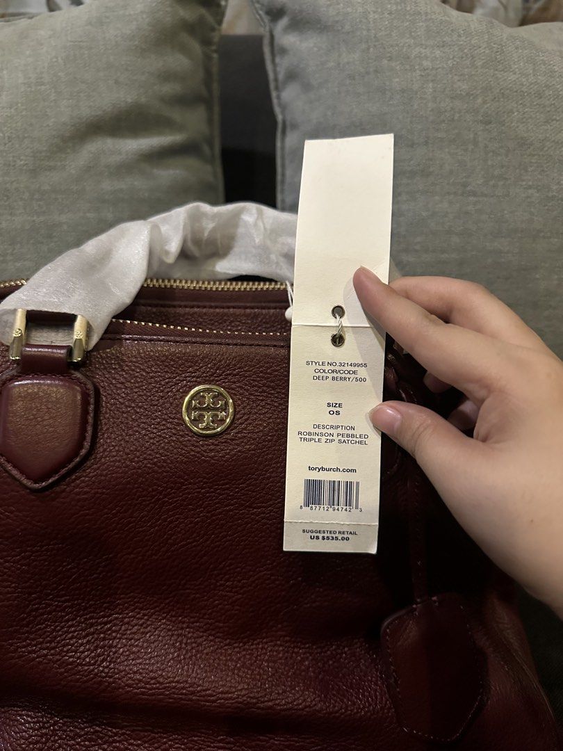 Tory Burch Robinson Embossed Triple Zip Satchel (Category: Shoulder Bags) located in Manila. Submitted by jerramarieee (Listing ID 1436462119, Image 3). Description: - Tory Burch Robinson Embossed Triple Zip Satchel - Color: Deep Berry - Design: Triple zip - Hardware: Gold-tone - Features: Top handle, detachable tag - Style Number: 321469605 • Original Price: $535.00 (Approx. ₱30,800) • Selling Price: ₱15,000.