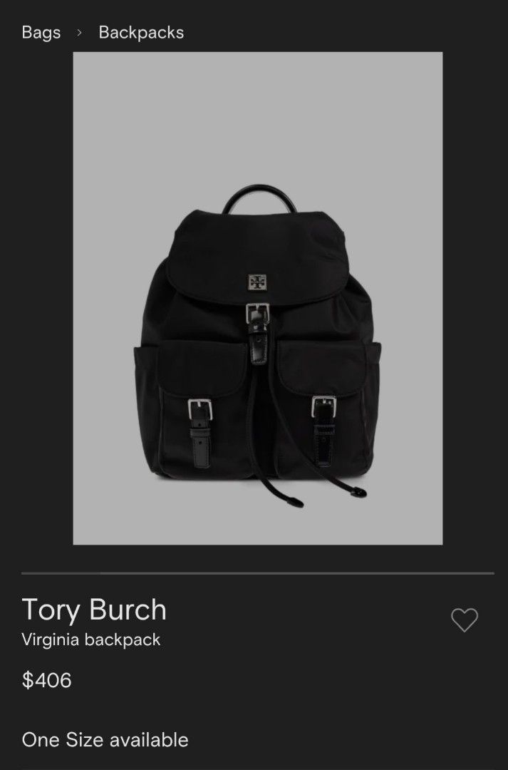 Tory Burch Virginia Backpack (Category: Backpacks) located in Quezon City. Submitted by jonvee2000 (Listing ID 1436448957, Image 1). Description: Black Tory Burch Virginia backpack. Features a flap closure with a buckle, two front pockets with buckles, and a top handle. The backpack has the Tory Burch. logo on the front. One size is available. Comes with a dustbag. height=13 inches width= 13 inches base=4.5 inches.