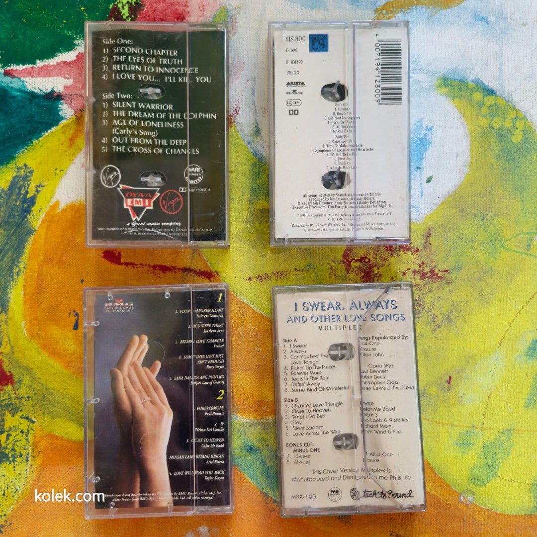 Used Cassette Tapes for take all 4pcs (Category: Vintage Collectibles) located in San Pedro. Submitted by .kolek.com (Listing ID 1436297504, Image 2). Description: Used Vintage Cassette tapes Good Condition lahat Inlay: Good Condition Tape: Malinis ang Ribbon What U see is What U Get Sa nakaka appreciate lang MoP: Gcash J&T Courier Pickup or Book any Rider Buyer's book and expense Loc: San Pedro, Laguna 📣S1 0.3kg.