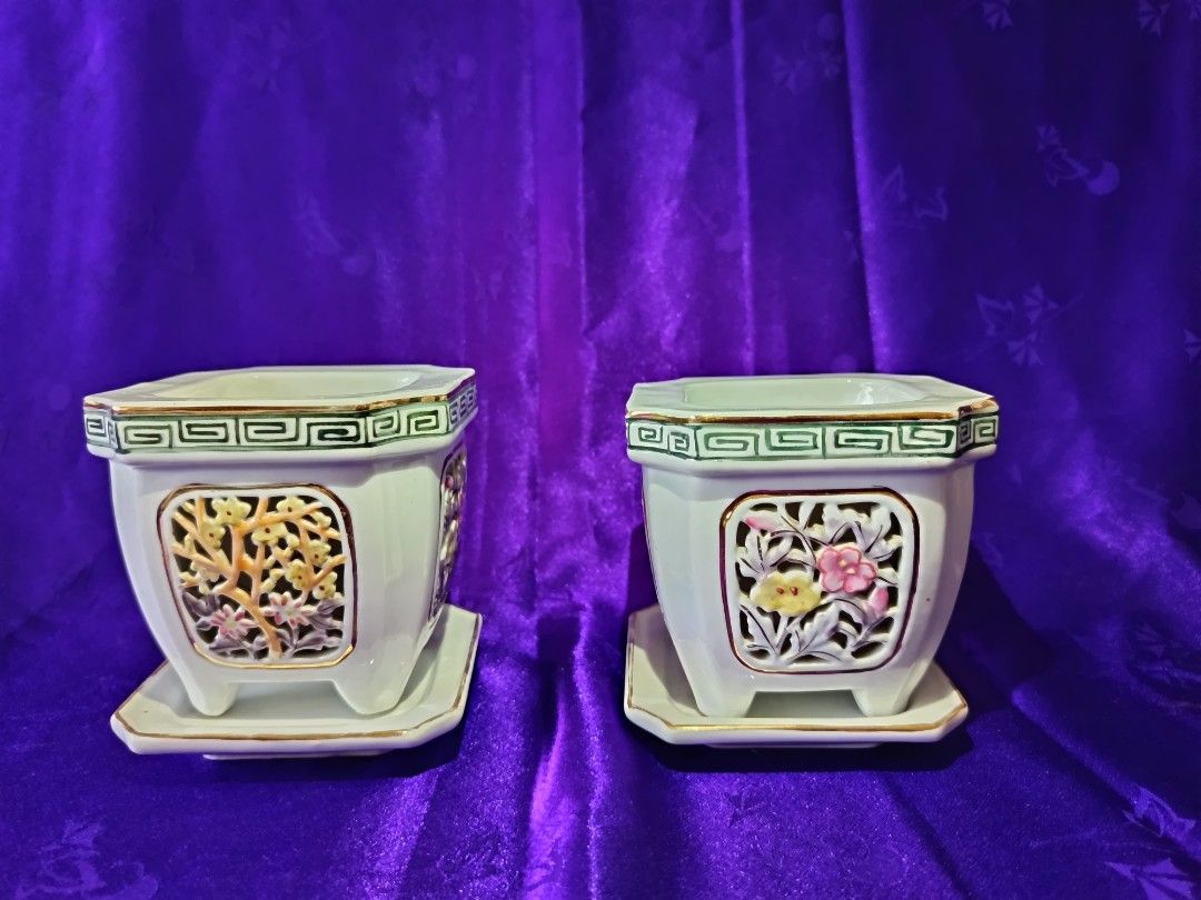 Vintage Ceramic Planter Pots with Saucers