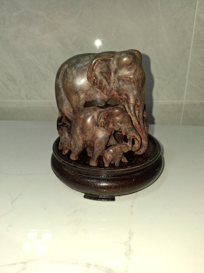 Vintage resin Elephant Sculpture on Wooden Base