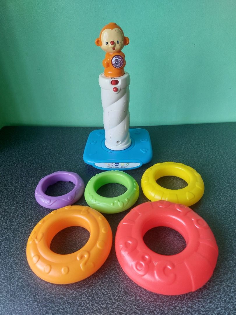 VTech Stack & Sing Rings Toy (Category: Infant Playtime) located in Paranaque City. Submitted by ca.firstonlinebiz (Listing ID 1436429533, Image 3). Description: VTech Stack & Sing Rings toy - Signs of usage - Adorable monkey on top - Includes colorful rings: red, orange, yellow, green, and purple - Working lights and sounds - Designed for young children Needs 2xAA batteries Loc. Greenheights Parañaque Open for shipping lalamove or SPX Gcash, May