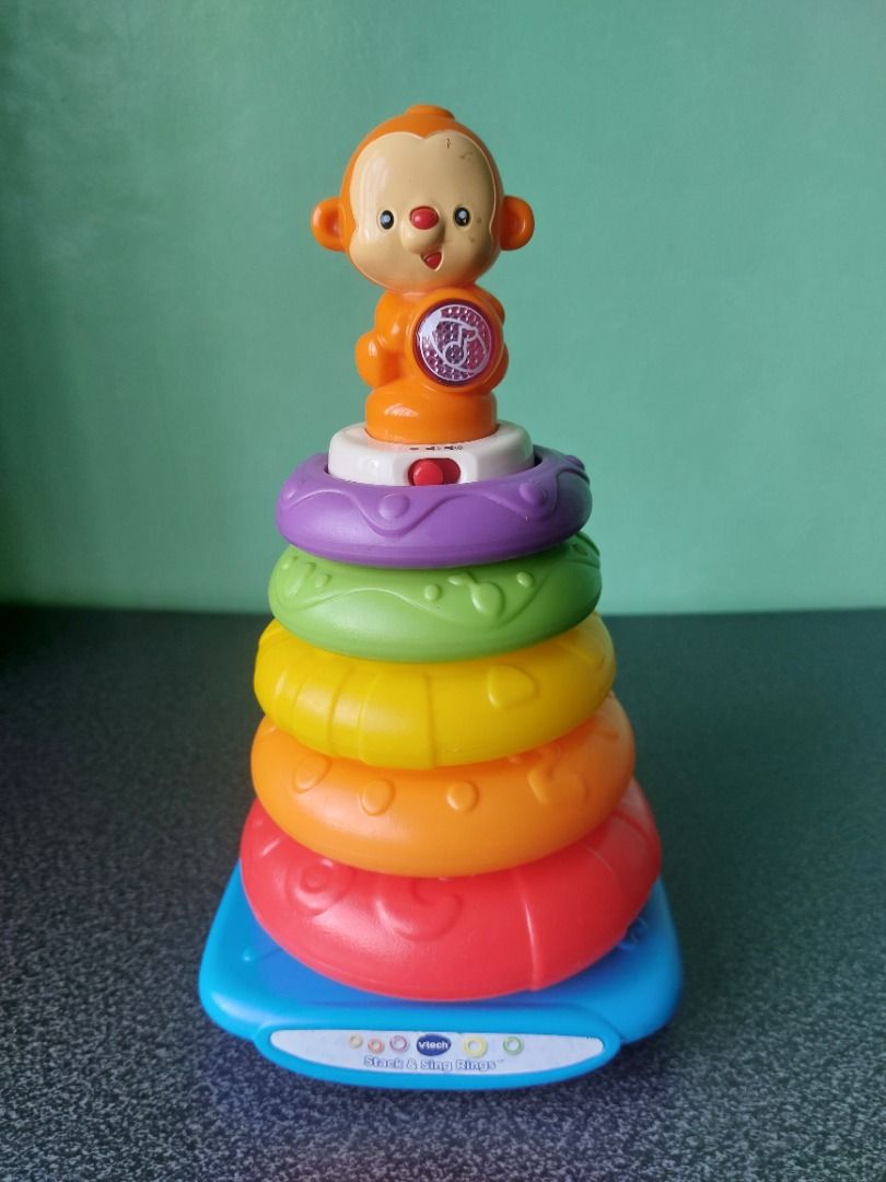 VTech Stack & Sing Rings Toy (Category: Infant Playtime) located in Paranaque City. Submitted by ca.firstonlinebiz (Listing ID 1436429533, Image 1). Description: VTech Stack & Sing Rings toy - Signs of usage - Adorable monkey on top - Includes colorful rings: red, orange, yellow, green, and purple - Working lights and sounds - Designed for young children Needs 2xAA batteries Loc. Greenheights Parañaque Open for shipping lalamove or SPX Gcash, May