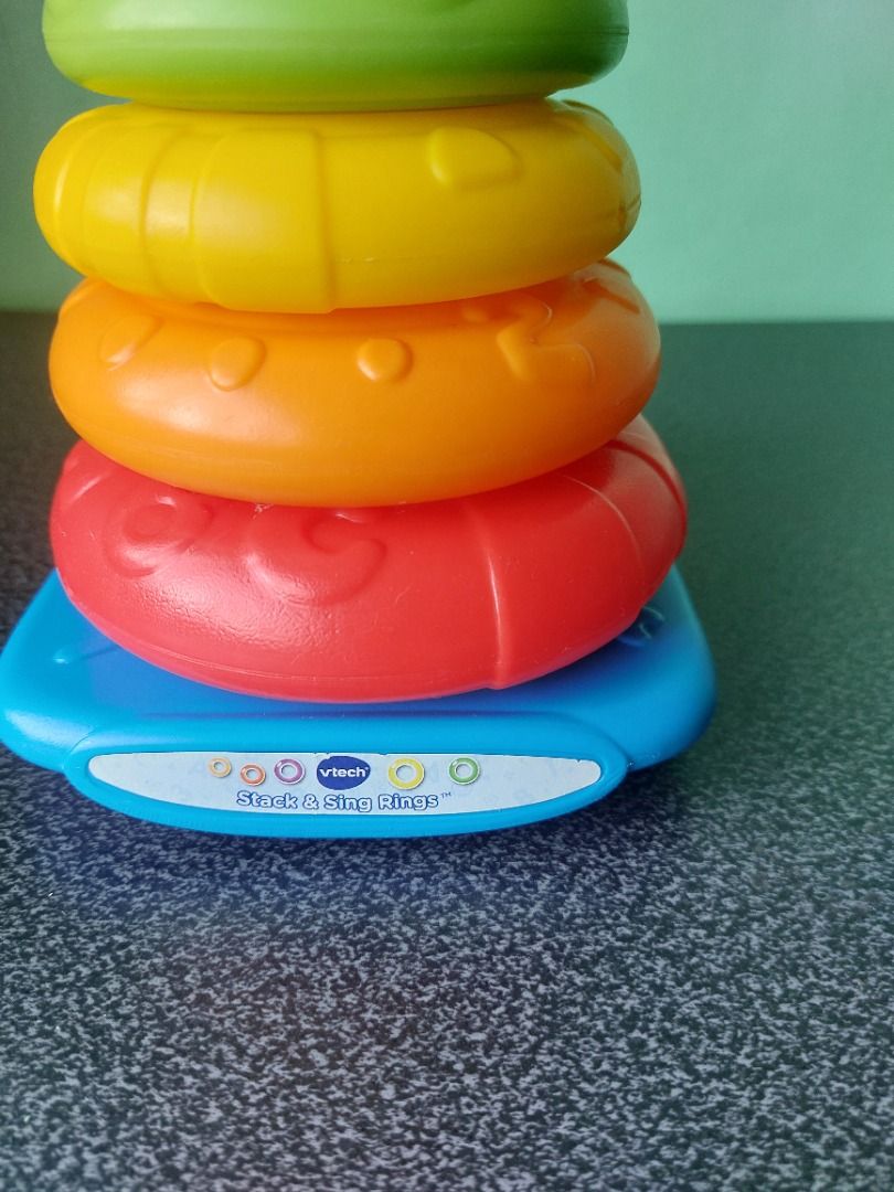 VTech Stack & Sing Rings Toy (Category: Infant Playtime) located in Paranaque City. Submitted by ca.firstonlinebiz (Listing ID 1436429533, Image 2). Description: VTech Stack & Sing Rings toy - Signs of usage - Adorable monkey on top - Includes colorful rings: red, orange, yellow, green, and purple - Working lights and sounds - Designed for young children Needs 2xAA batteries Loc. Greenheights Parañaque Open for shipping lalamove or SPX Gcash, May