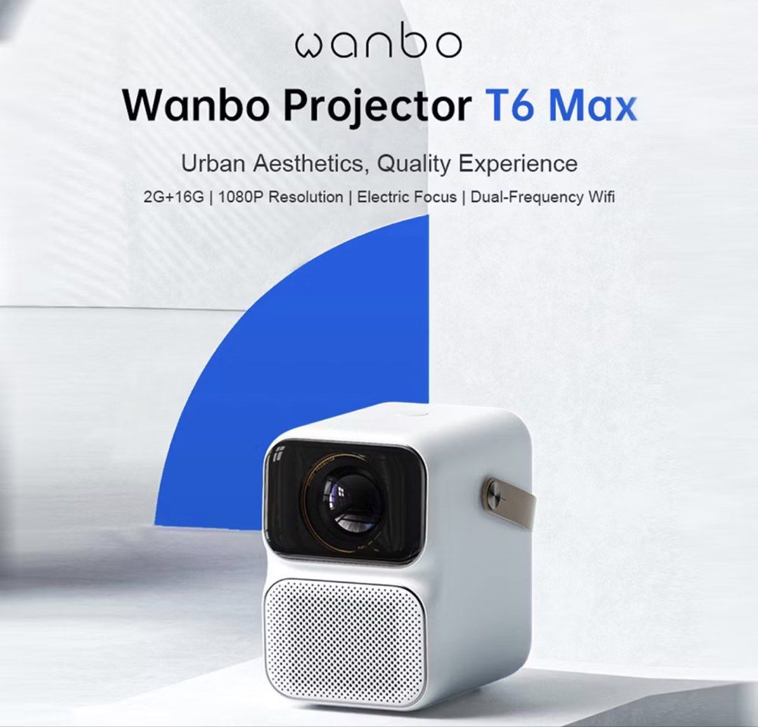 Wanbo Projector T6 Max with Mini Tripod (Category: Projectors) located in Manila. Submitted by fhefabelinia (Listing ID 1436335424, Image 1). Description: Wanbo T6 Max projector offers 1080P resolution with electric focus and dual-frequency WiFi. It features a full glass coated lens and a full closed optical light road. It has a cortical carrying handle and low noise at 36db. It includes 2GB RAM and 16GB storage, Android 9.0, 650 ANSI lumens, ele