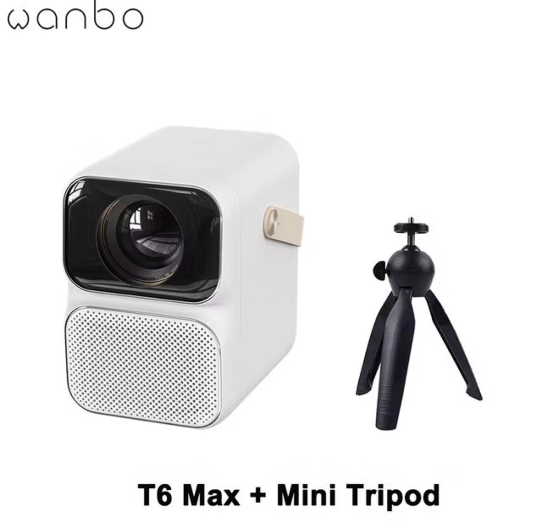 Wanbo Projector T6 Max with Mini Tripod (Category: Projectors) located in Manila. Submitted by fhefabelinia (Listing ID 1436335424, Image 3). Description: Wanbo T6 Max projector offers 1080P resolution with electric focus and dual-frequency WiFi. It features a full glass coated lens and a full closed optical light road. It has a cortical carrying handle and low noise at 36db. It includes 2GB RAM and 16GB storage, Android 9.0, 650 ANSI lumens, ele