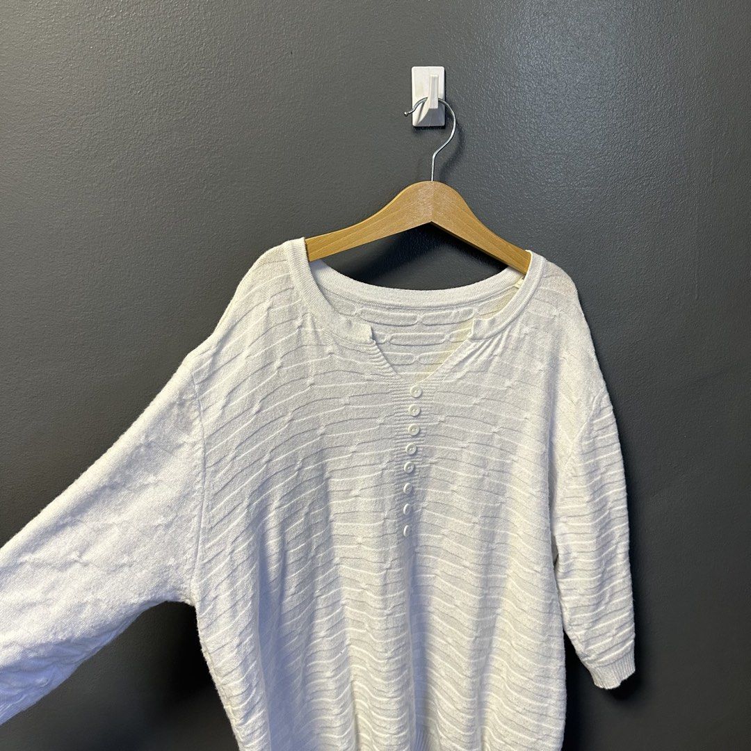 White Knitted Loose-fit Blouse (Category: Blouses) located in Baliuag. Submitted by love.jiji (Listing ID 1436314597, Image 3). Description: White knitted Loose-fit blouse M-Large (Stretchy fabric) 📍Bulacan.