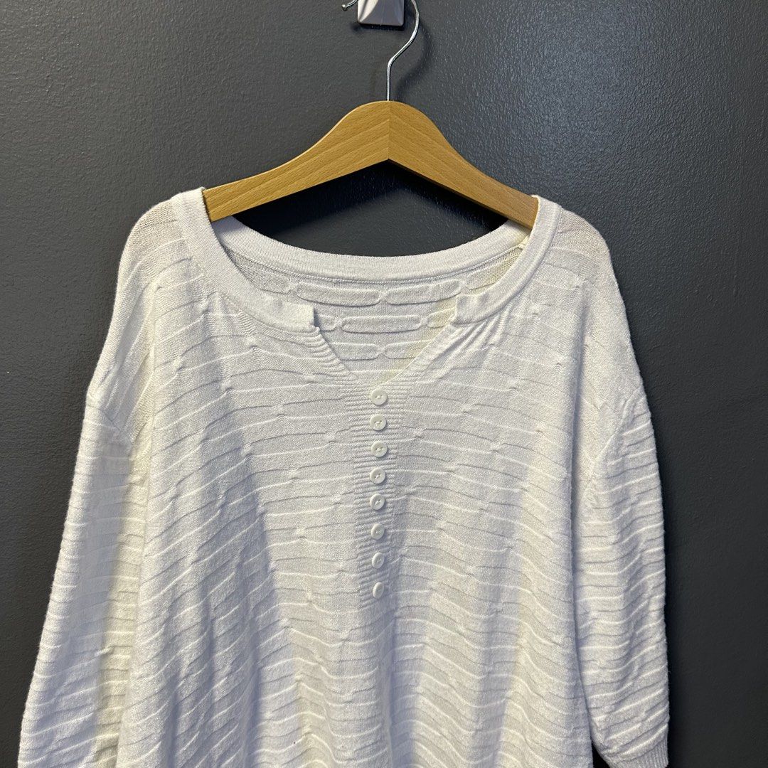 White Knitted Loose-fit Blouse (Category: Blouses) located in Baliuag. Submitted by love.jiji (Listing ID 1436314597, Image 2). Description: White knitted Loose-fit blouse M-Large (Stretchy fabric) 📍Bulacan.