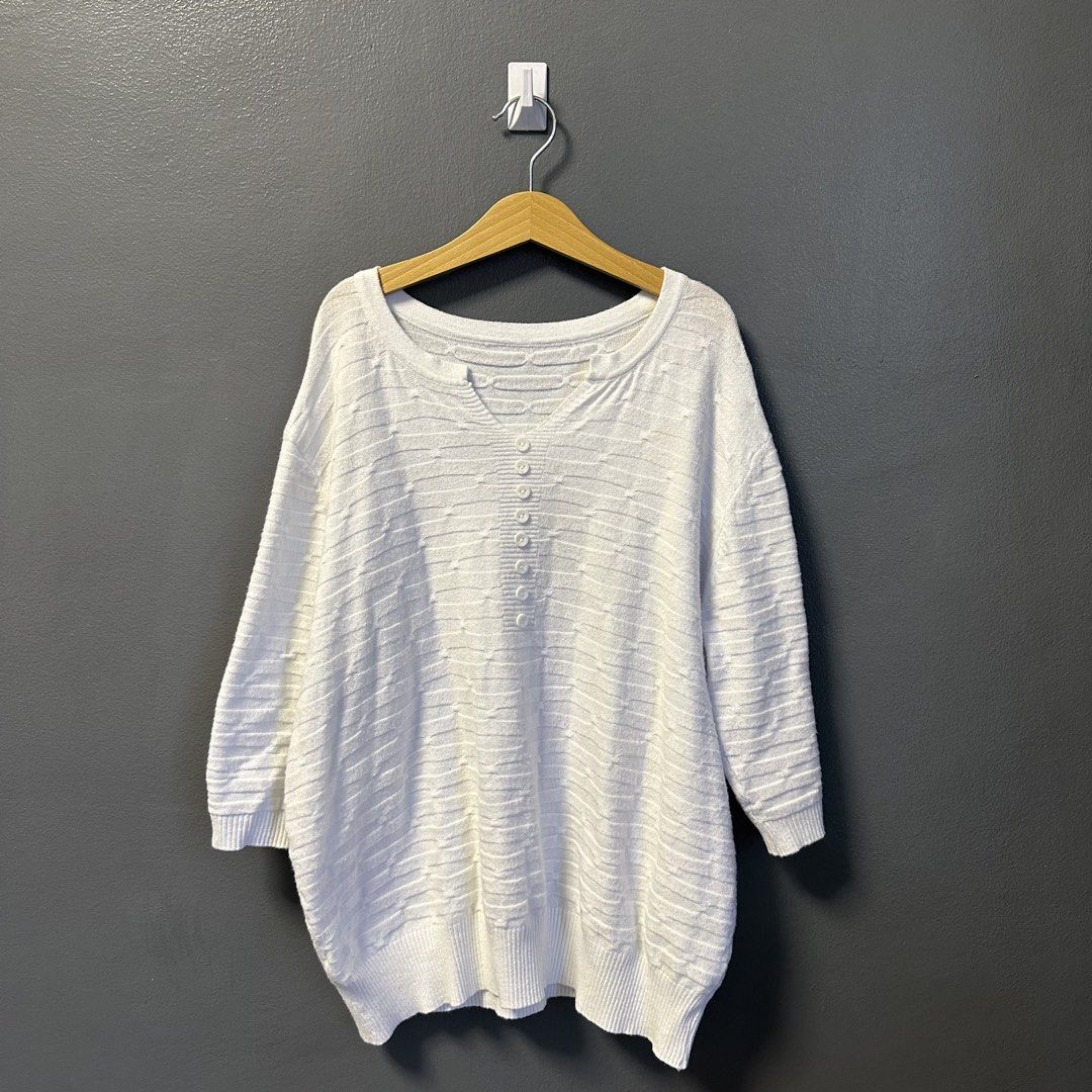 White Knitted Loose-fit Blouse (Category: Blouses) located in Baliuag. Submitted by love.jiji (Listing ID 1436314597, Image 1). Description: White knitted Loose-fit blouse M-Large (Stretchy fabric) 📍Bulacan.