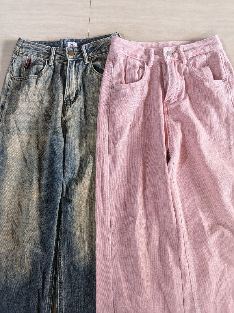 Wide Leg Jeans - Blue and Pink (Category: Jeans) located in Koronadal. Submitted by mskhangg (Listing ID 1436338918, Image 2). Description: - Available: Faded blue denim and solid pink wide-leg jeans - Design: Classic five-pocket style - Blue Jeans: Feature a subtle distressed look - Fit: Comfortable and stylish for everyday wear.