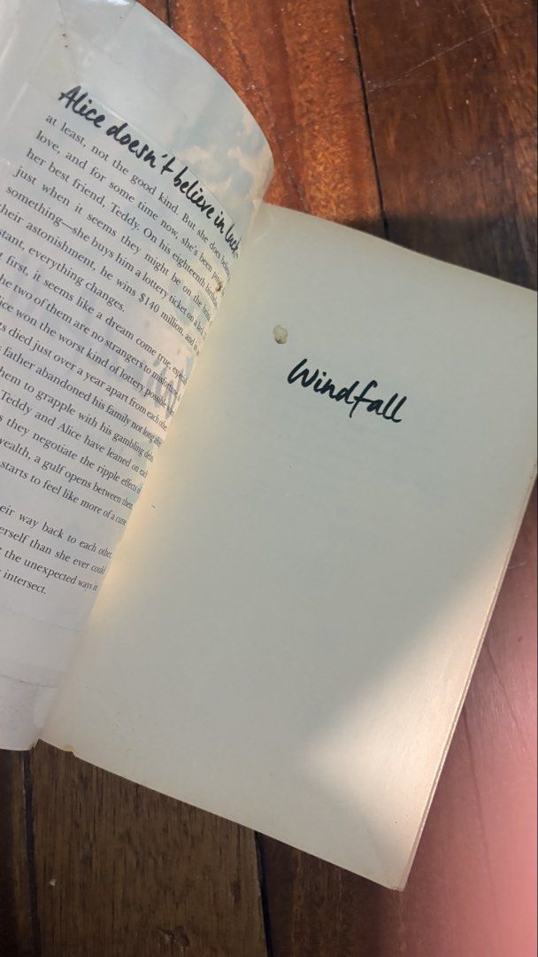 Windfall by Jennifer E. Smith (Category: Storybooks) located in Mandaluyong City. Submitted by zealeagle_c4f5d1 (Listing ID 1436382040, Image 2). Description: - Book Title: Windfall - Author: Jennifer E. Smith - Cover: Light green background with blue and white accents. - Cover Details: Features two small gold-colored animal figurines. - Tagline: "Let luck find you.".