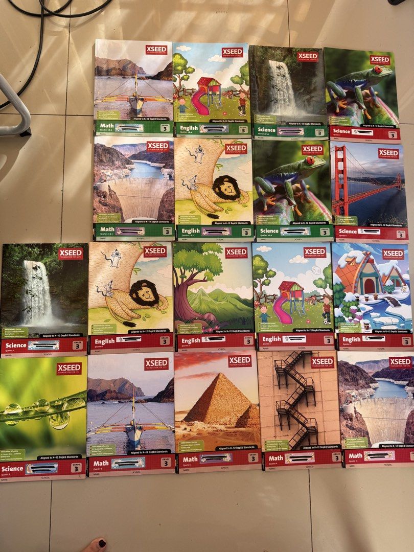 (Preloved) XSEED Grade 3 Textbooks (Category: Textbooks) located in Taytay. Submitted by declutterqueen.allmustgo (Listing ID 1436468347, Image 1). Description: - XSEED Grade 3 Textbook Set - Includes Math, English, and Science books - Aligned to K-12 standards - Ideal for extra learning or homeschooling Bought originally at 10K Preloved Complete set with content and workbooks .