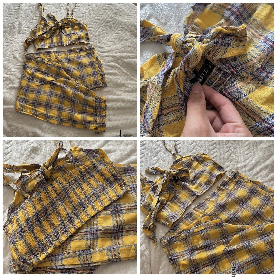 Zaful Plaid Crop Top and Pants Set (Category: Sets or Coordinates) located in Pasig City. Submitted by sichi.ph (Listing ID 1436369103, Image 3). Description: - Zaful yellow plaid two-piece set. - Includes a crop top and wide-leg pants. - Crop top features: spaghetti straps, tie-front. - Pants feature: elastic waistband. - Fabric: Lightweight, ideal for warm weather. - Size tag is visible in the photos..
