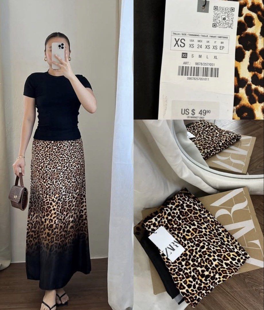 Zara Leopard Print Maxi Skirt XS (Category: Skirts) located in Caloocan City. Submitted by dimpsymc19 (Listing ID 1436426308, Image 1). Description: ✨USED ONCE - Zara leopard print maxi skirt - Size: XS - High-waisted - Flowing silhouette - Black gradient at the bottom - Lightweight fabric - Perfect for casual or night out looks.