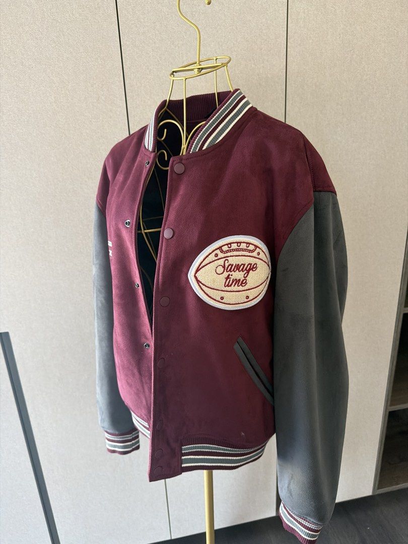 Zara Varsity Jacket (Category: Coats, Jackets and Outerwear) located in Manila. Submitted by hersheykylie (Listing ID 1436326840, Image 3). Description: PLEASE READ! Decluttering some of my personal preloved and unused clothes / stuffs. All in great condition and well taken care of. 📍Sucat, Paranaque Note: ❌No when worn ❌No additional pictures Orig price: 5k - Zara varsity jacket - Color: Maroon body, grey sleeves - Features: "Savage Time" patch
