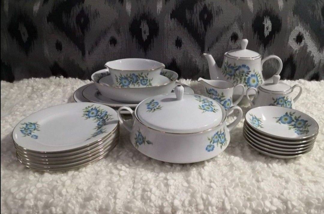 1980's Vintage Floral Dinnerware Set (Category: Dinnerware & Cutlery) located in Mandaluyong City. Submitted by ilovemyshop (Listing ID 1436498735, Image 1). Description: 💟 1980's Vintage dinnerware set 💟 Delicate blue floral design with gold trim border. ❤️ Includes: 6 pcs Dinner Plates 8.5 inches 6 pcs Dessert Plates 5.5 inches 1 pc Soup Bowl with Lid 10 x 3.5 inches 1 pc Teapot with Lid 9 x 7.5 inches 1 pc Sugar Bowl with Lid 6 x 5 inches 1 