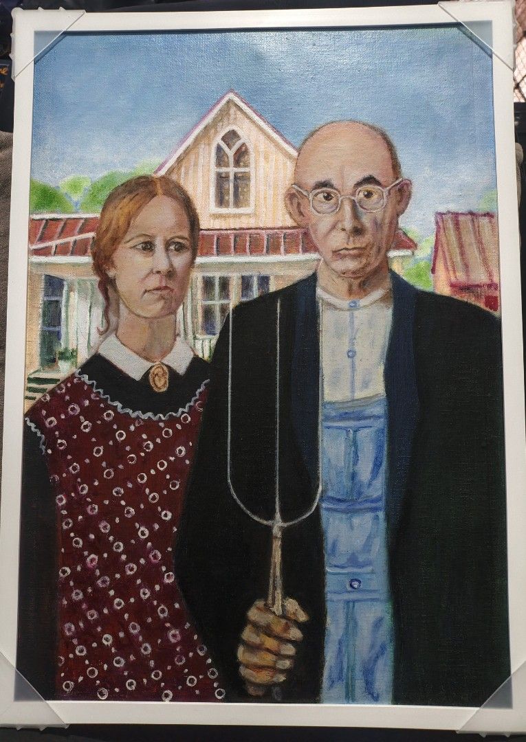 American Gothic Painting (Repro) (Category: Art & Prints) located in Bulacan. Submitted by luchoprimo (Listing ID 1436516332, Image 1). Description: Size - 12 inches x 16 inches Medium - Oil on Canvas with Frame.