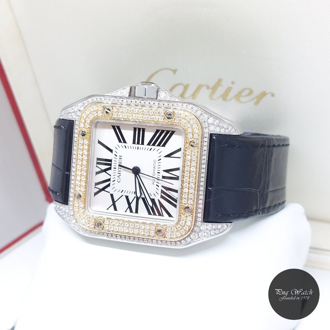 Cartier 51mm X 41mm Silver Opaline Roman Dial 18K Half Yellow Gold Diamonds Set Santos 100 Large REF: W20072X7 (Full Set-Jan 2014) (Category: Watches) located in Singapore. Submitted by pngwatchdealer (Listing ID 1436650128, Image 2). Description: [SPECIFICATIONS] **Watch comes in full set (Box & Card)** Brand: Cartier Model: Santos 100 Large (REF: W20072X7)(14)(O) Movement: Automatic (Self-Winding) Functions and Features: Hours, Minutes and Seco