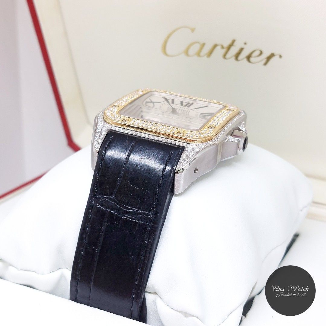 Cartier 51mm X 41mm Silver Opaline Roman Dial 18K Half Yellow Gold Diamonds Set Santos 100 Large REF: W20072X7 (Full Set-Jan 2014) (Category: Watches) located in Singapore. Submitted by pngwatchdealer (Listing ID 1436650128, Image 3). Description: [SPECIFICATIONS] **Watch comes in full set (Box & Card)** Brand: Cartier Model: Santos 100 Large (REF: W20072X7)(14)(O) Movement: Automatic (Self-Winding) Functions and Features: Hours, Minutes and Seco