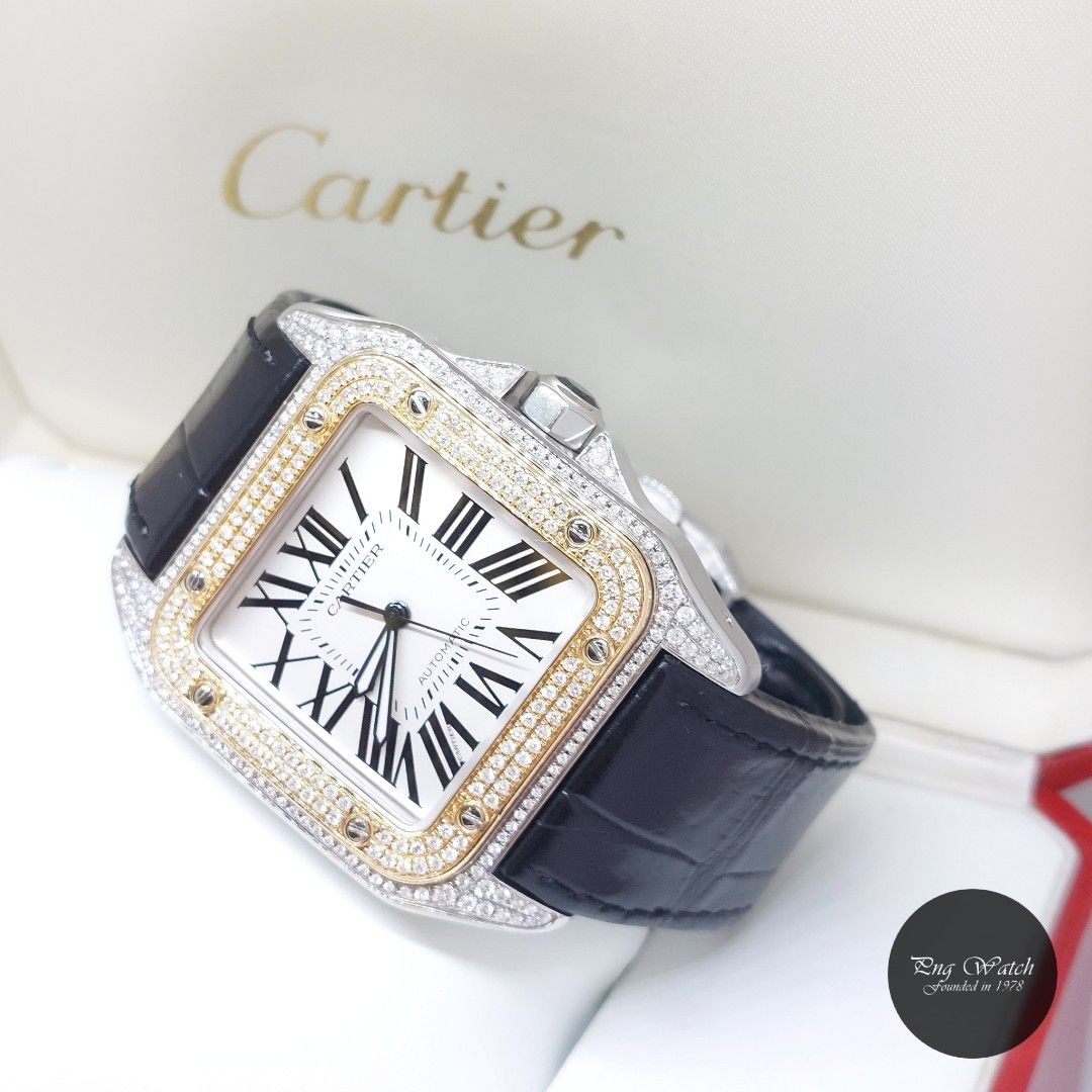 Cartier 51mm X 41mm Silver Opaline Roman Dial 18K Half Yellow Gold Diamonds Set Santos 100 Large REF: W20072X7 (Full Set-Jan 2014) (Category: Watches) located in Singapore. Submitted by pngwatchdealer (Listing ID 1436650128, Image 1). Description: [SPECIFICATIONS] **Watch comes in full set (Box & Card)** Brand: Cartier Model: Santos 100 Large (REF: W20072X7)(14)(O) Movement: Automatic (Self-Winding) Functions and Features: Hours, Minutes and Seco