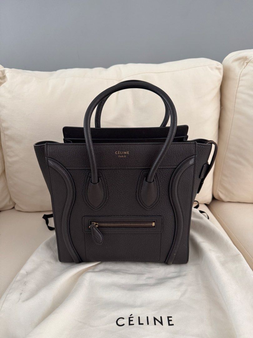 Celine Luggage Micro in Dark Taupe (Category: Luxury Bags & Wallets) located in San Juan City. Submitted by lemonysnickers (Listing ID 1436540149, Image 3). Description: - Authentic Celine handbag - Color: Dark taupe (rare color) - Includes dust bag, tags and receipt 2016, bought for HKD 27,500 in harbor city RFS: buying a birkin Scuff marks as seen in pics. Very light and minimal. Pls see pics and judge for yourself! Guaranteed authentic .