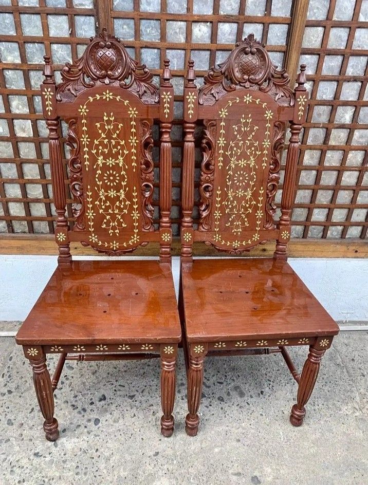 Chairs 4pcs available (Category: Chairs) located in Manila. Submitted by carmelites36250 (Listing ID 1436533396, Image 1). Description: #forsale #narrafurniture #furniturestore Chairs Beautiful Piece 4Pcs avail Price-4k each fix Solid narra wood adorn bone inlay Offers :Pick up/ Delivery.