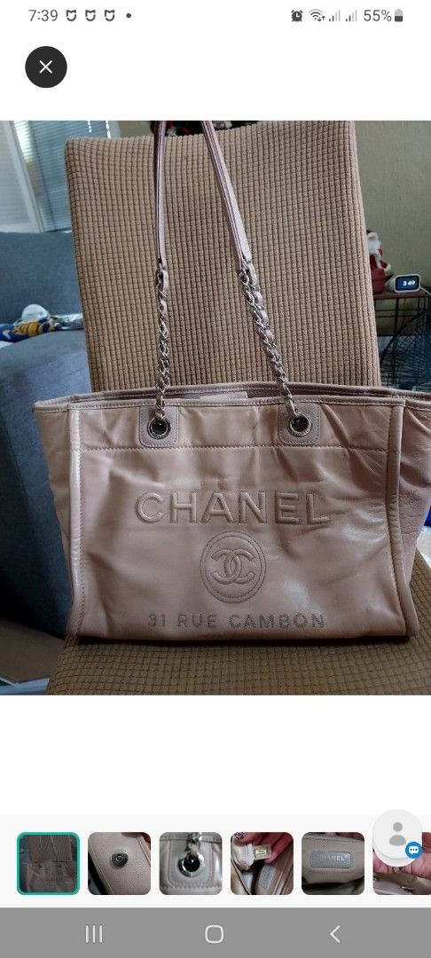 Chanel Tote Bag with Chain Straps (Category: Luxury Bags & Wallets) located in Paranaque City. Submitted by andim8 (Listing ID 1436649748, Image 1). Description: - Authentic Chanel Deauville tote bag in beautiful nude color - Beige leather exterior with embossed Chanel logo - Chain straps - Magnetic closure - Fabric lining with Chanel label and hologram sticker .
