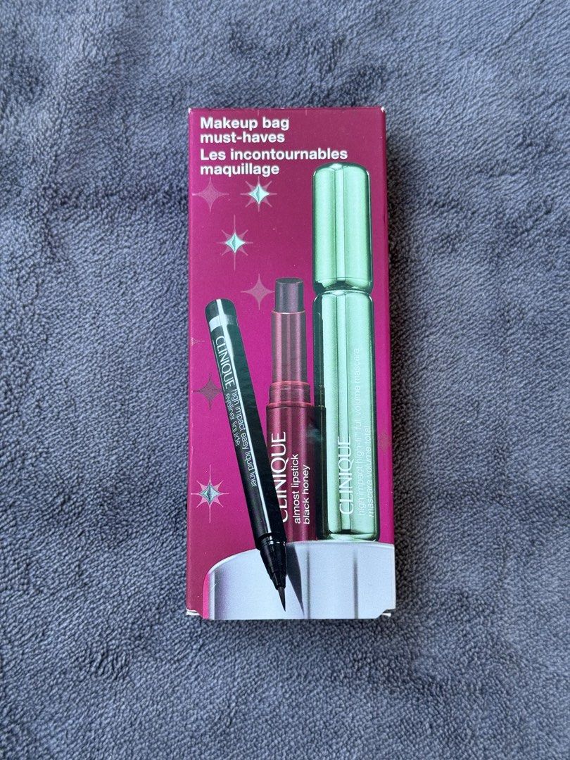 Clinique Makeup Bag Must-Haves Set (Category: Makeup) located in Manila. Submitted by ellis99 (Listing ID 1436632354, Image 1). Description: - Clinique Makeup Bag Must-Haves Set - Includes: - High Impact Mascara (0.27 oz) - Almost Lipstick in Black Honey (0.04 oz) - High Impact Easy Liquid Liner (0.01 oz) - Travel-friendly sizes - Great way to sample Clinique's popular products! 100% authentic Brand new 1,400 only.