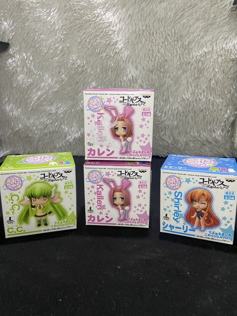 Code Geass R2 - Banpresto Deformania Vol. 1 Chibi Figures (Category: Figurines & Statues) located in Binan City. Submitted by retroz_collections (Listing ID 1436605076, Image 1). Description: COMPLETE TRIO (3 Figures)Characters: C.C., Kallen Kozuki, Shirley Fenette Plus 1 Kallen (Bunny version).