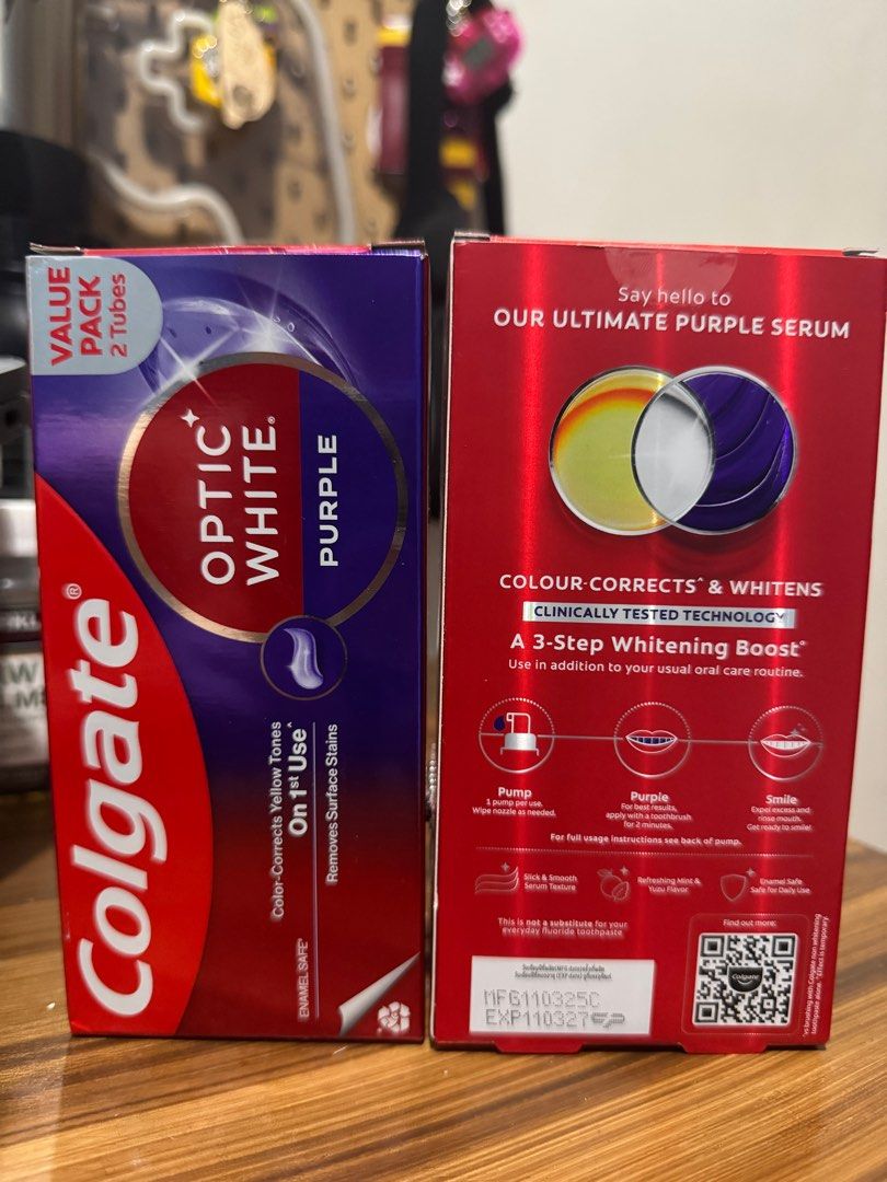 Colgate Optic White Purple Serum (Category: Oral Care) located in Cavite. Submitted by jaybee28 (Listing ID 1436584667, Image 2). Description: Colgate Optic White Purple Serum (Teeth Whitening Booster) 40ml Colgate Optic White Purple Toothpaste 2 pieces 100g.
