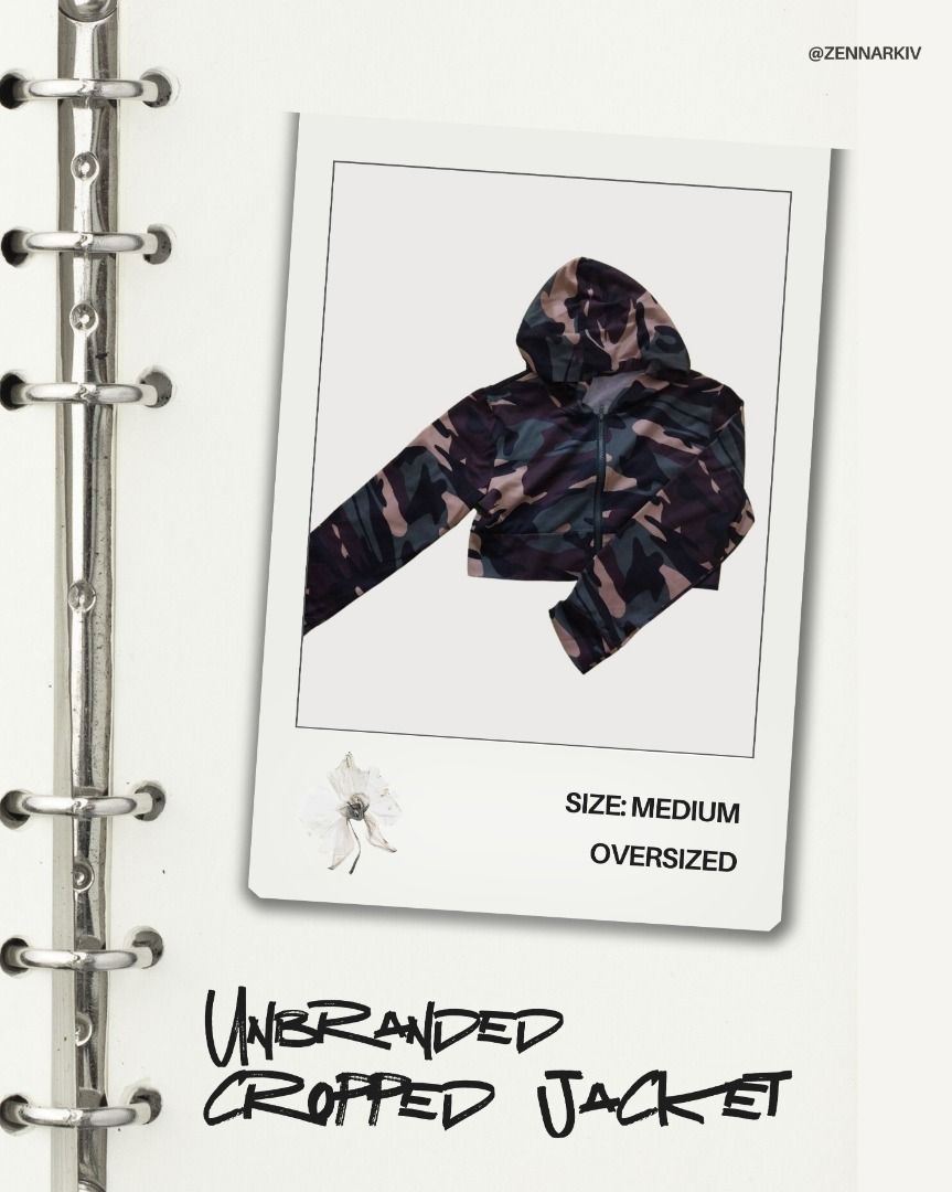 cropped camo zip-up jacket. (Category: Coats, Jackets and Outerwear) located in Quezon City. Submitted by zennaPH (Listing ID 1436603103, Image 1). Description: Track jacket with zipper and a hoodie MOP: GCash 💌 DM for inquiries!.