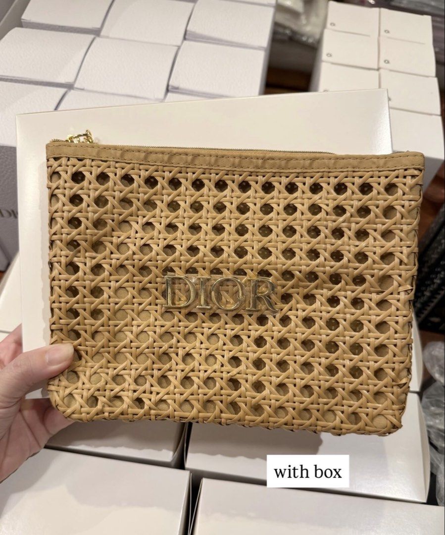 Dior Woven Clutch with Box (Category: Luxury Bags & Wallets) located in Las Pinas. Submitted by tin0805 (Listing ID 1436525451, Image 1). Description: - Authentic Dior clutch - Beige color - Woven design with Dior logo - Zipper closure - Includes original box NEVER USED, PERFECT FOR GIFT RFS: decluttering, never used .