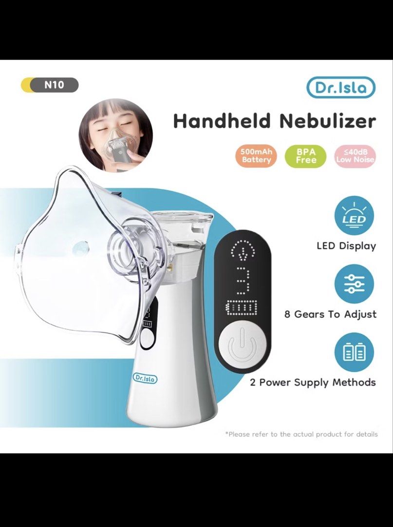 Dr. Isla N10 Handheld Nebulizer (Category: Medical Supplies & Tools) located in Manila. Submitted by tekki. (Listing ID 1436531663, Image 3). Description: All items unused, opened the box to check if items are complete only. - N10 Handheld Nebulizer - Rechargeable and portable - BPA free - Very low noise operation - 8 adjustable gears/levels - LED display - Suitable for all ages - Original price: ₱1100 - Pick up: Sampaloc, Manila - Payment: BDO, 