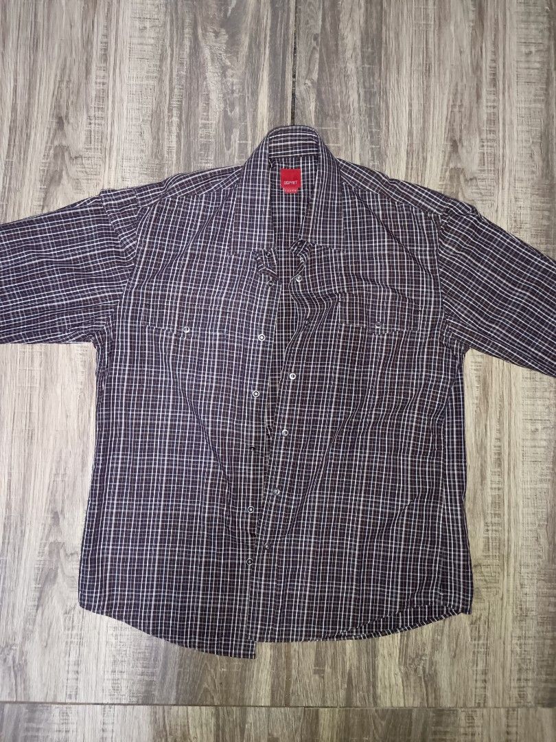 Esprit Plaid Long Sleeve Shirt (Category: Longsleeves) located in Manila. Submitted by jaymarkmcacuyong (Listing ID 1436596654, Image 1). Description: - Esprit long sleeve shirt - Plaid pattern - Button-down front - Chest pocket - Collar - 100% cotton - Size: L - Color: Brown and white.