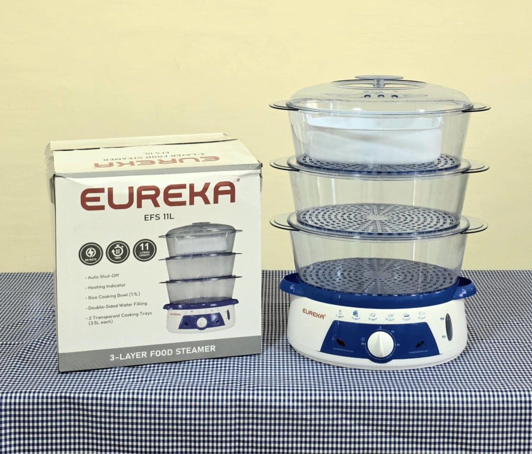 Eureka EFS 11L 3-Layer Food Steamer (Category: Food Organization & Storage) located in Manila. Submitted by kisshadg23 (Listing ID 1436611321, Image 2). Description: - Eureka EFS 11L 3-Layer Food Steamer - Auto shut-off and heating indicator for safety - Includes rice cooking bowl - Two transparent cooking trays (3.5L each) - Double-sided water filling - Available colors: Blue and Gray.