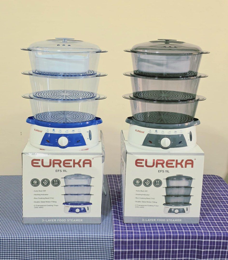 Eureka EFS 11L 3-Layer Food Steamer (Category: Food Organization & Storage) located in Manila. Submitted by kisshadg23 (Listing ID 1436611321, Image 1). Description: - Eureka EFS 11L 3-Layer Food Steamer - Auto shut-off and heating indicator for safety - Includes rice cooking bowl - Two transparent cooking trays (3.5L each) - Double-sided water filling - Available colors: Blue and Gray.